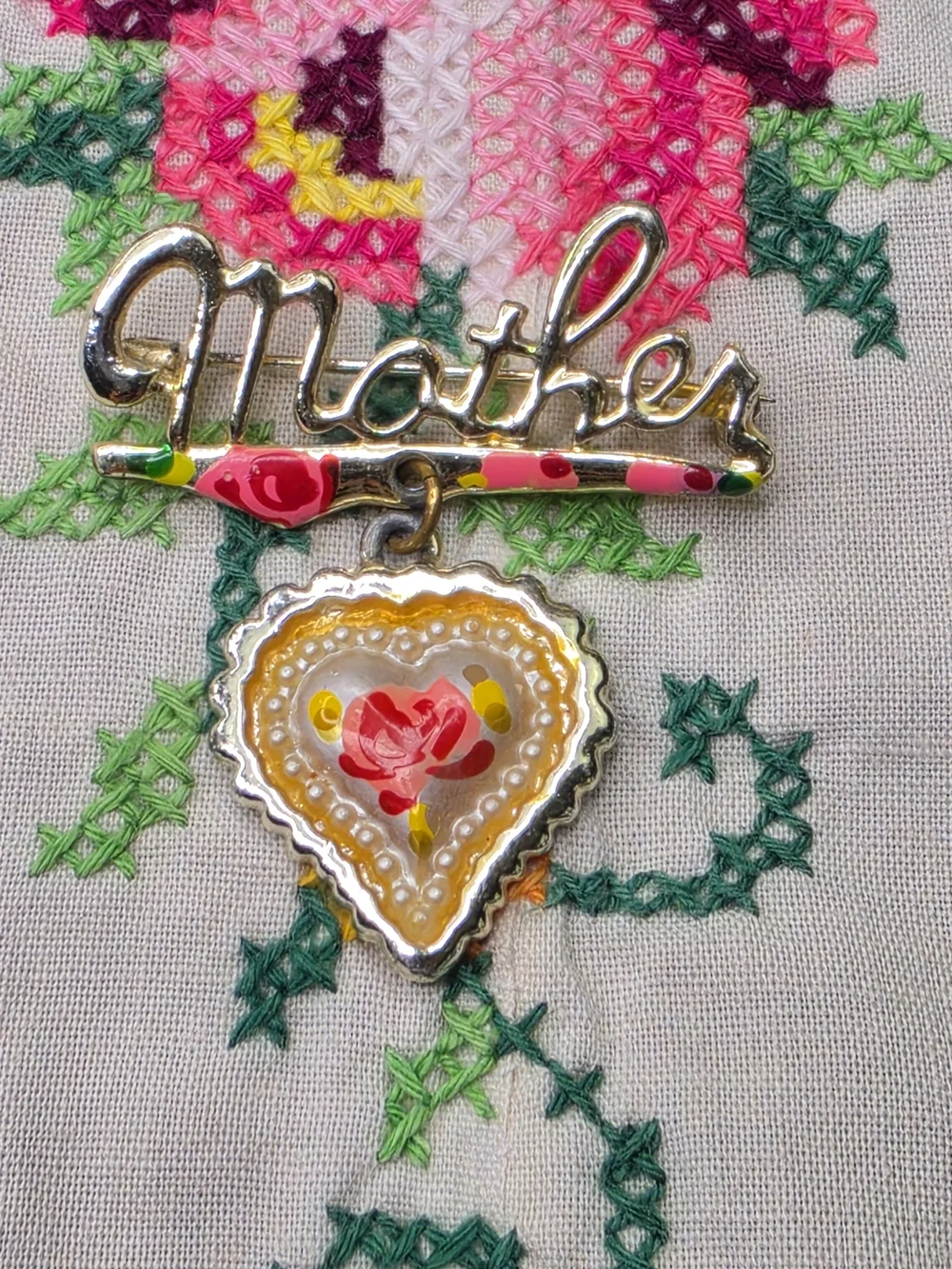 Vintage Mother Charm Brooch Pin Pink Enamel Gold Tone 1.75